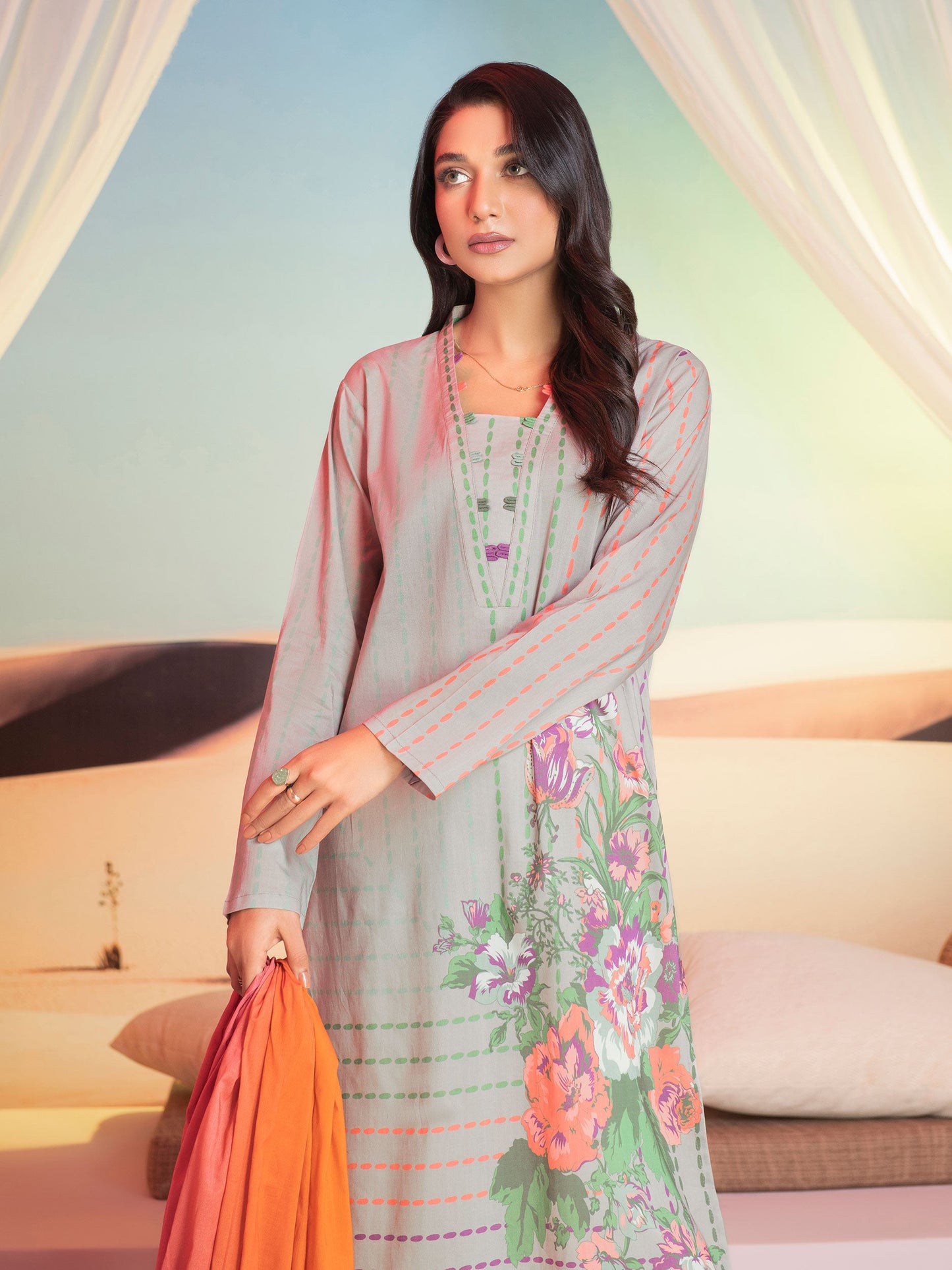 Grey 3 Piece Printed Lawn Suit By Limelight