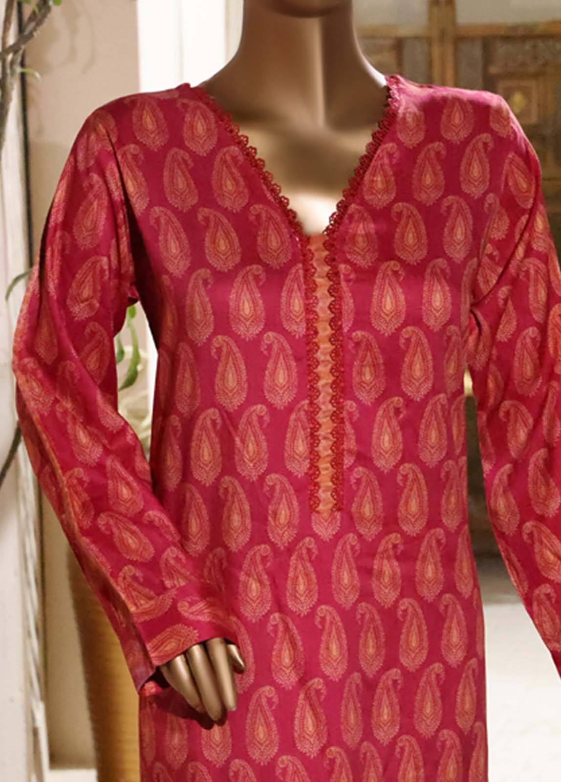 Red 2 Piece Printed Linen Stitched Suit-Bin Saeed