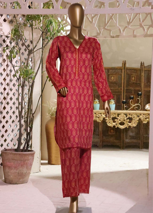 Red 2 Piece Printed Linen Stitched Suit-Bin Saeed