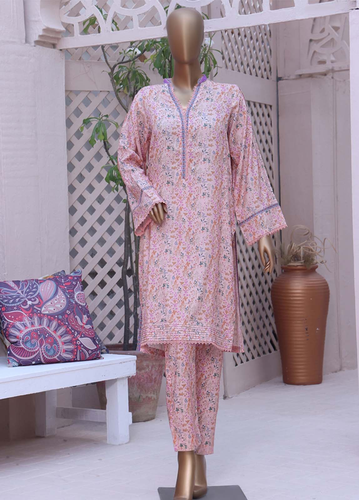 Pink 2 Piece Printed Linen Stitched Suit -Bin Saeed