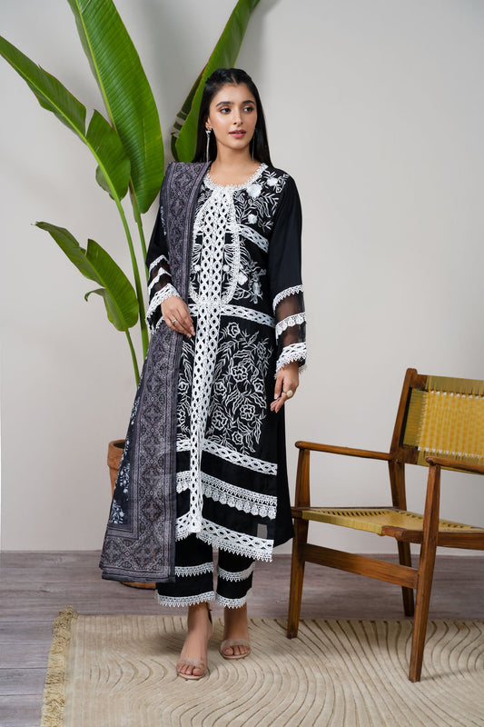 Black Embroidered 3 Piece | Linen Dress |Raniya.H