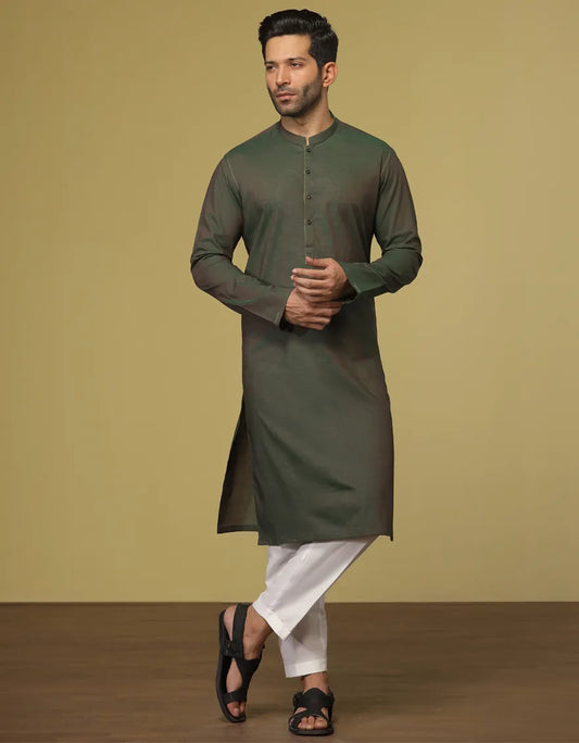 MENS PARROT GREEN COTTON KURTA BY J.