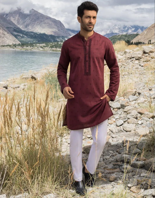 MENS DULL RED BUNNAT KURTA BY J.