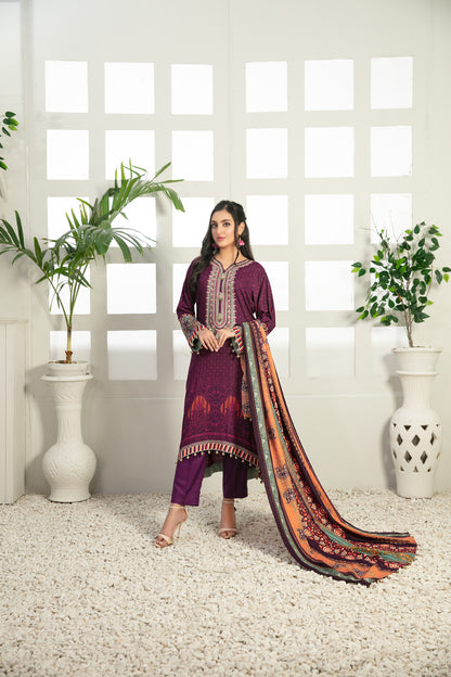 3 Piece stitched Embroidered Digital Printed Linen Dress-Tawakkal