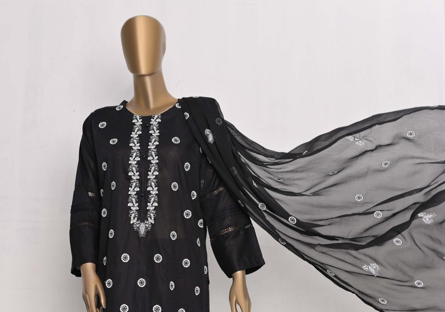 Black&White Embroidered 3Pcs Dress-Naubahar