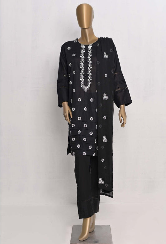 Black&White Embroidered 3Pcs Dress-Naubahar