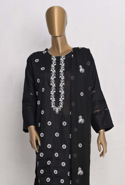 Black&White Embroidered 3Pcs Dress-Naubahar