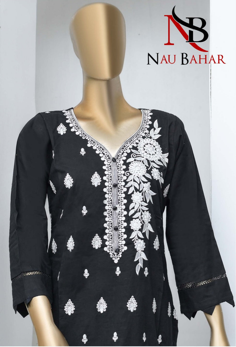 3Pcs Black&White Embroidered lawn Dress  -Naubahar