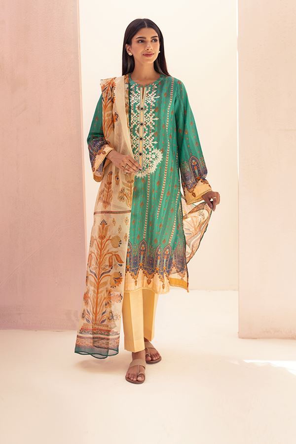 Turquoise Embroidered  Green 3PCS Suit-Zellbury