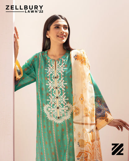 Turquoise Embroidered  Green 3PCS Suit-Zellbury