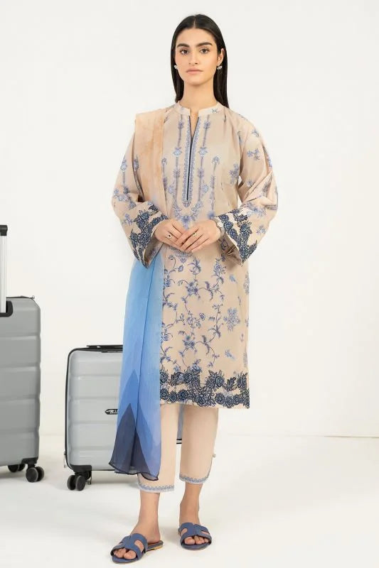 Beige 3Pcs Embroidered Lawn Outfit By Alkaram