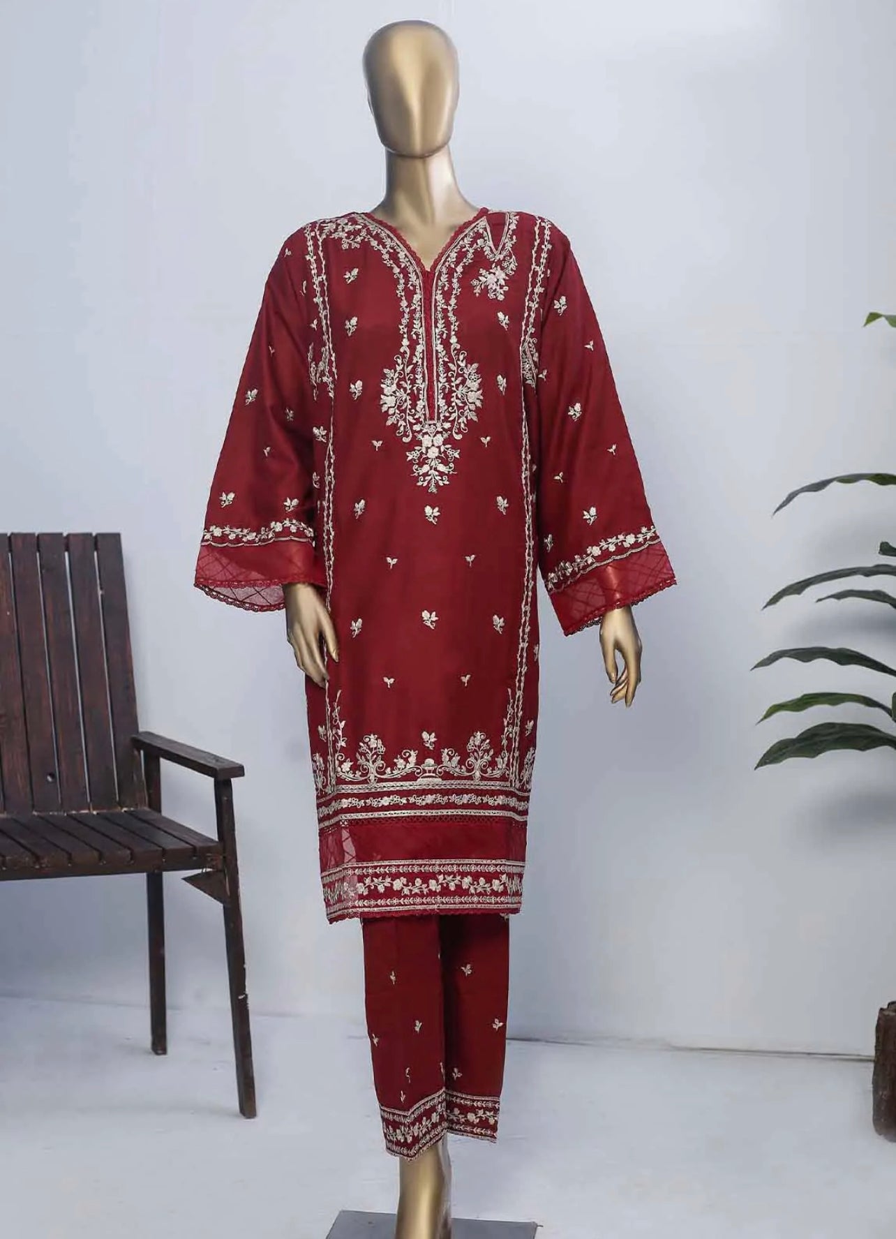 Maroon 2 Piece ChikanKari Stitched Suit -bin saeed