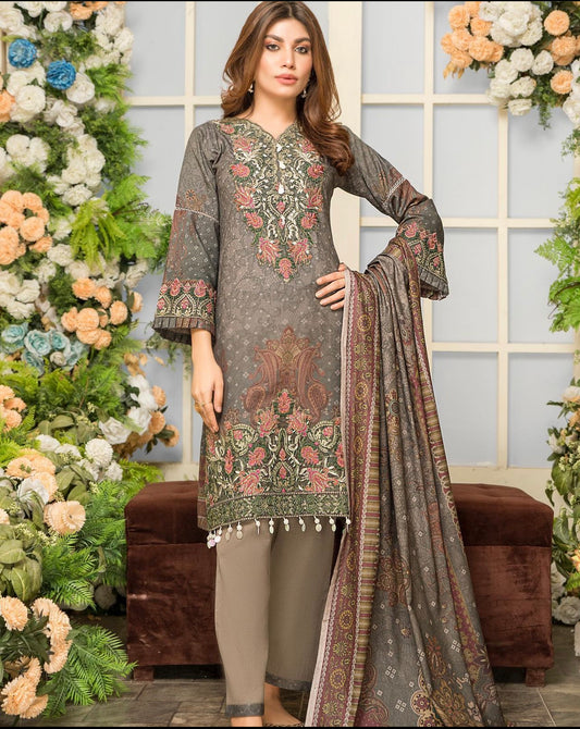 Beige dhanak 3 piece embroidered dress-Munira