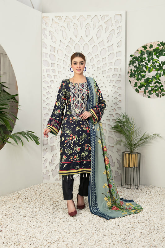 Navy 3 Piece stitched Embroidered Digital Printed Linen-Tawakkal