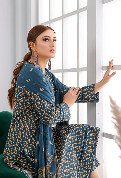 BLUE PRINTED+EMBROIDERED 3 PIECE LAWN COLLECTION-HUMDUM