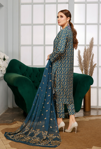 BLUE PRINTED+EMBROIDERED 3 PIECE LAWN COLLECTION-HUMDUM