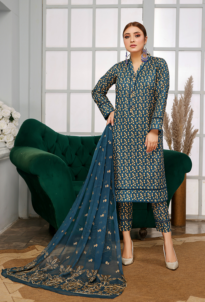 BLUE PRINTED+EMBROIDERED 3 PIECE LAWN COLLECTION-HUMDUM