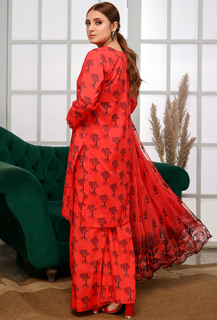 RED 3 PIECE PRINTED KAMEEZ WITH EMBROIDERED CHIFFON DUPPATA