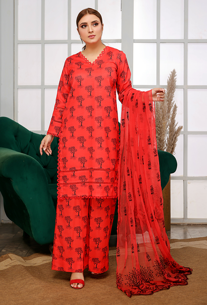 RED 3 PIECE PRINTED KAMEEZ WITH EMBROIDERED CHIFFON DUPPATA