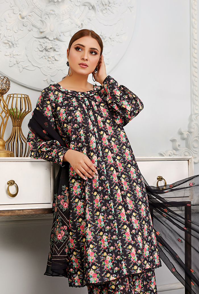 Floral black printed + embroidered dress -Humdum