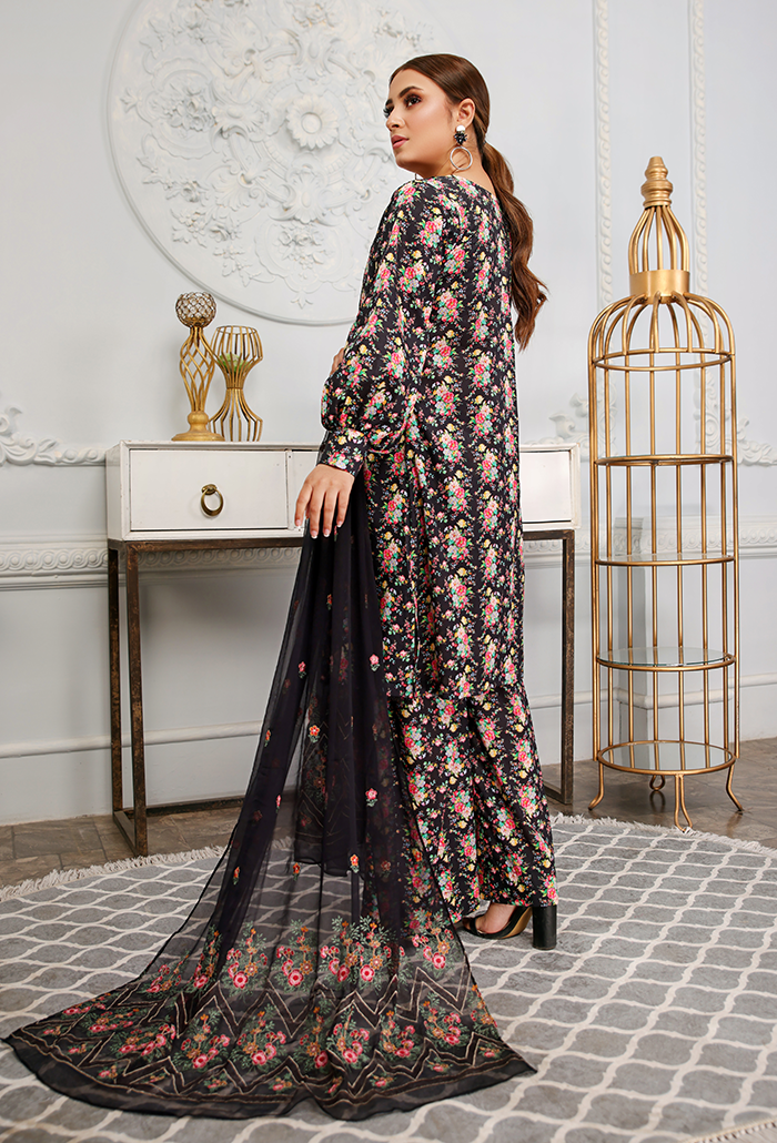 Floral black printed + embroidered dress -Humdum