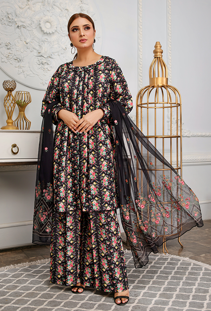 Floral black printed + embroidered dress -Humdum