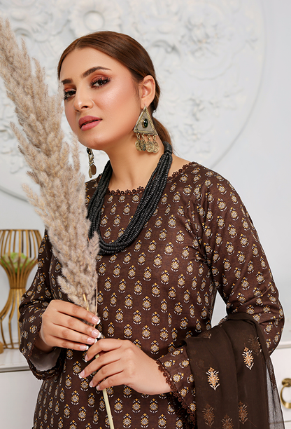 Brown printed +embroidered lawn dress