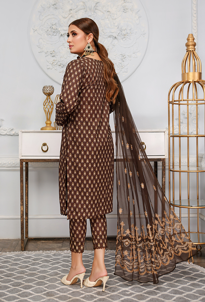 Brown printed +embroidered lawn dress