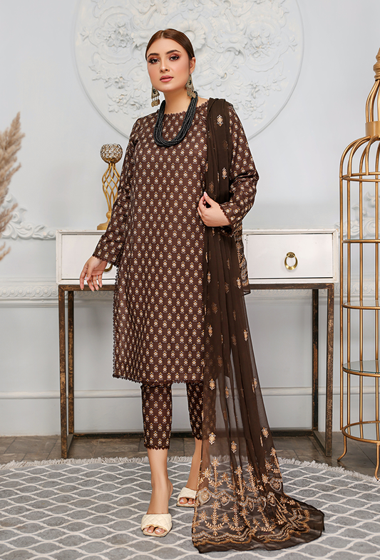 Brown printed +embroidered lawn dress