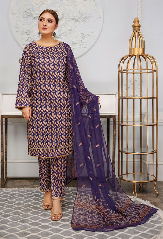 PURPLE 3 PIECE PRINTED KAMEEZ WITH EMBROIDERED CHIFFON DUPPATA