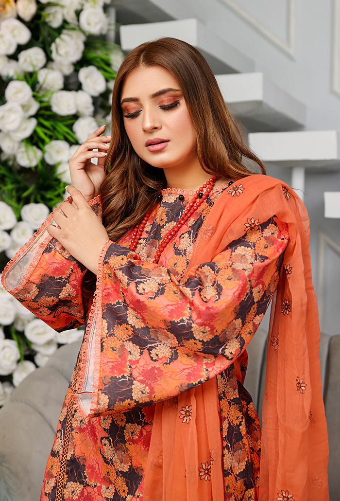 ORANGE 3 PIECE PRINTED KAMEEZ WITH EMBROIDERED CHIFFON DUPPATA