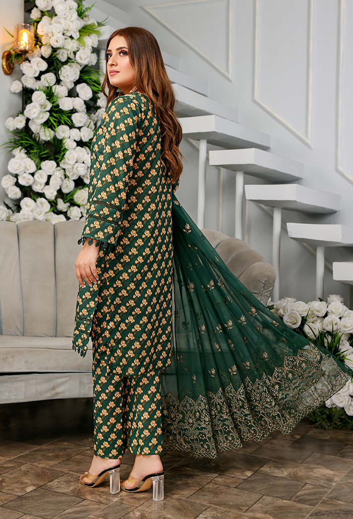 Green printed +embroidered  lawn Dress-Humdum