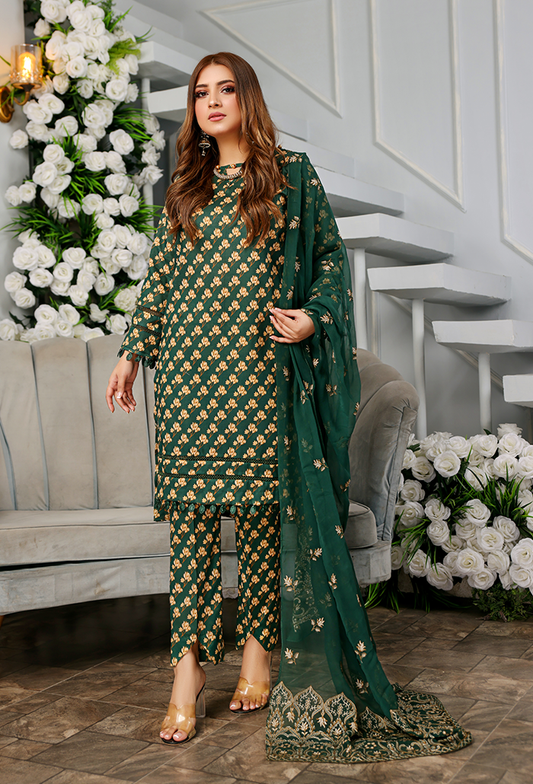 Green printed +embroidered  lawn Dress-Humdum