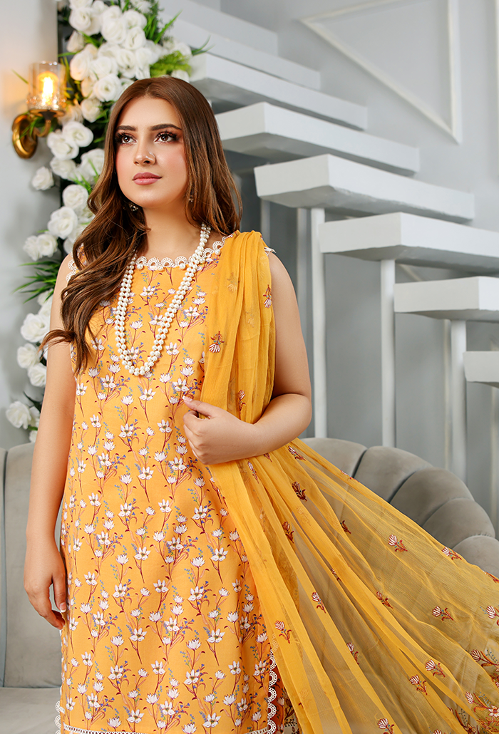 YELLOW 3 PIECE PRINTED KAMEEZ WITH EMBROIDERED CHIFFON DUPPATA