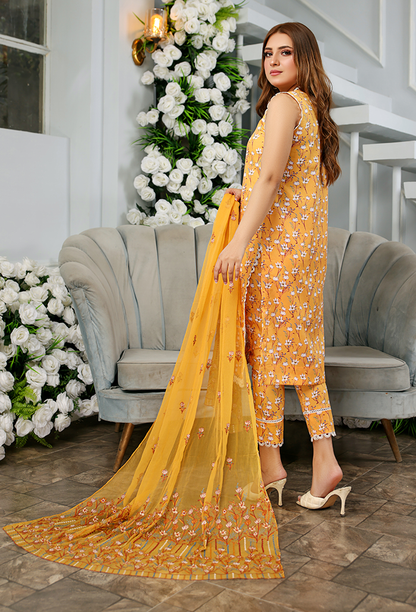 YELLOW 3 PIECE PRINTED KAMEEZ WITH EMBROIDERED CHIFFON DUPPATA