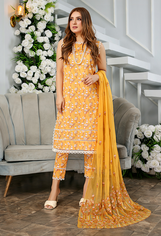 YELLOW 3 PIECE PRINTED KAMEEZ WITH EMBROIDERED CHIFFON DUPPATA