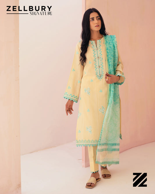 Pastel Yellow Embroidered Yarn Dyed Suit-Zellbury