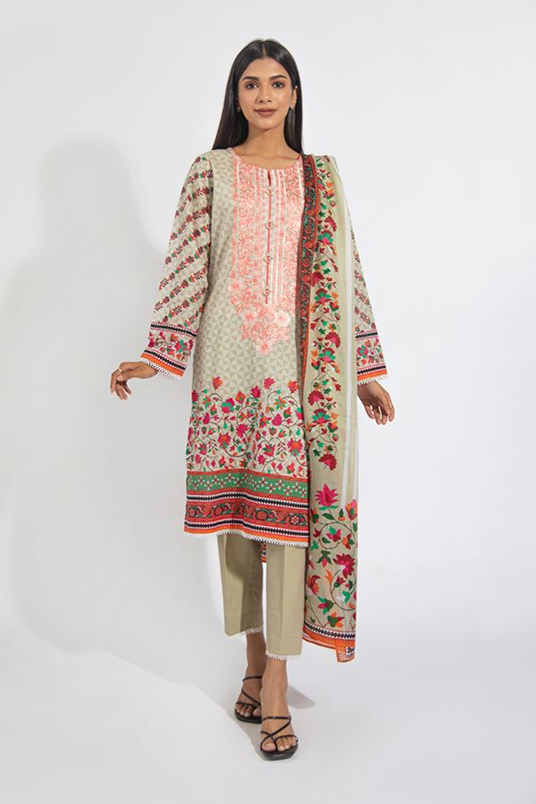 Embroidered Shirt Shalwar Dupatta - Wafer Grey - Textured Suit-Zellbury