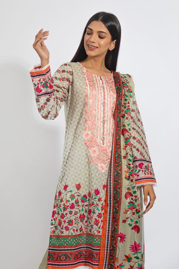 Embroidered Shirt Shalwar Dupatta - Wafer Grey - Textured Suit-Zellbury